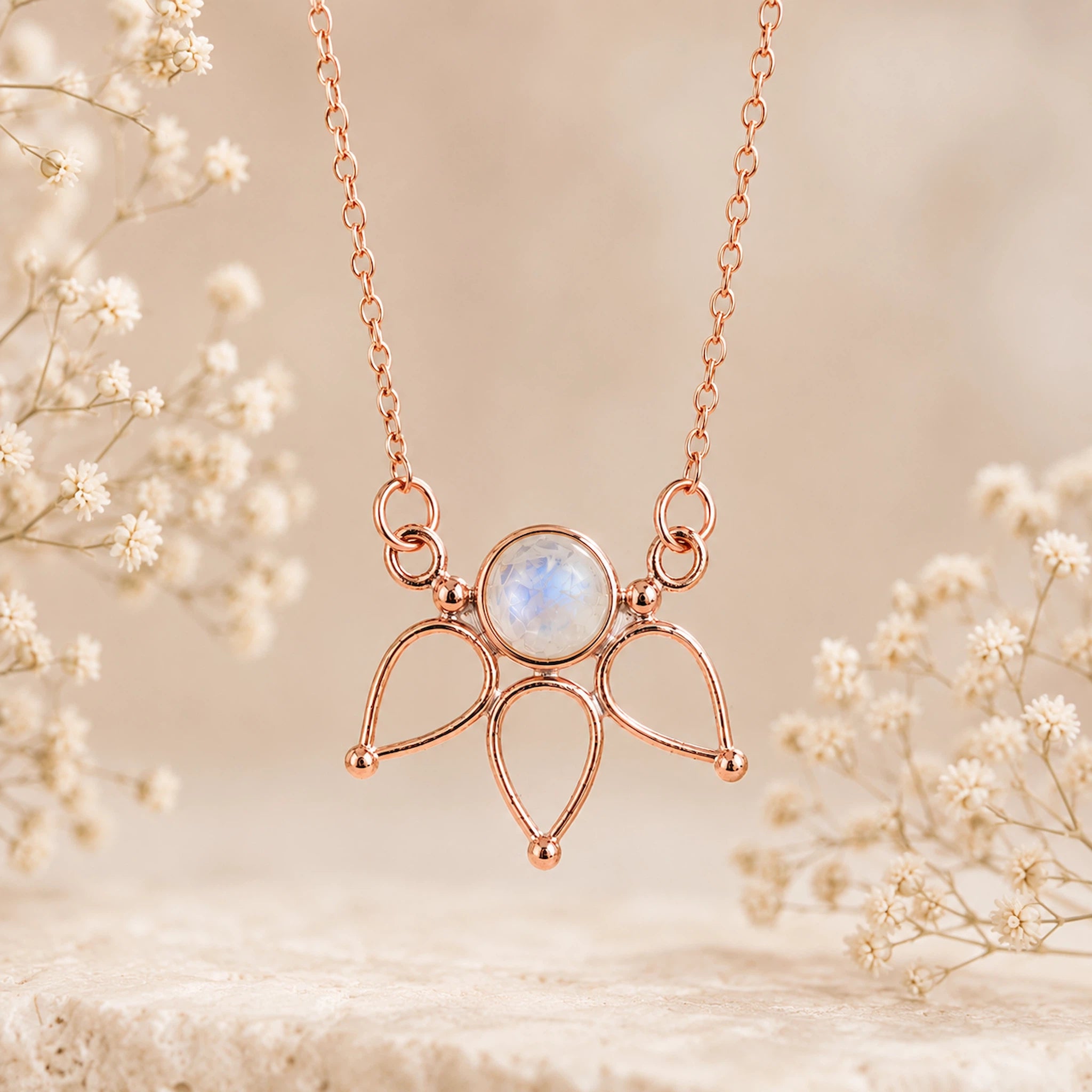 Rose gold lotus flower pendant necklace with a round natural moonstone cabochon on a fine cable chain, styled with baby's breath on a beige background.