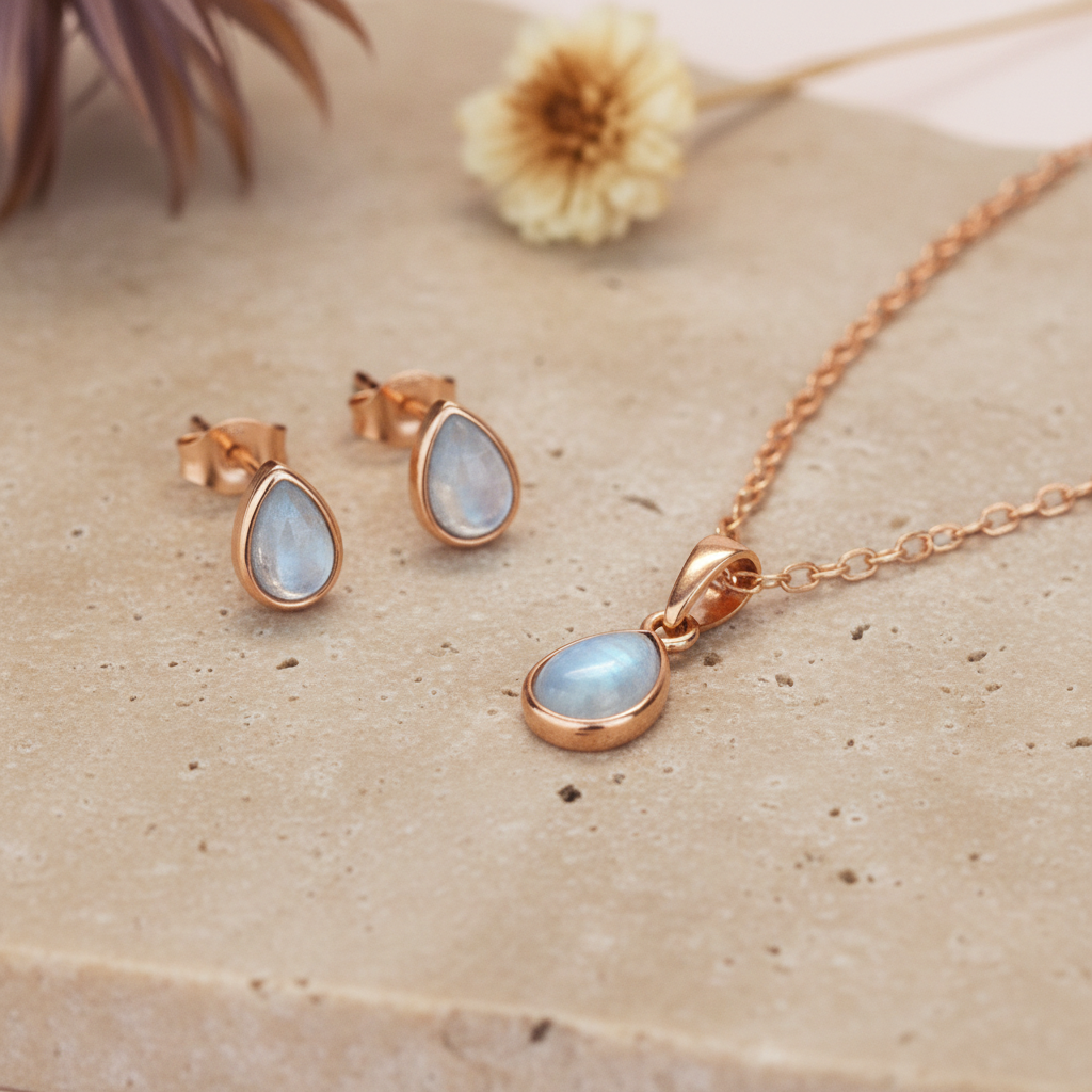 Blue topaz Jewelry set with rose gold necklace and earrings light stone surface