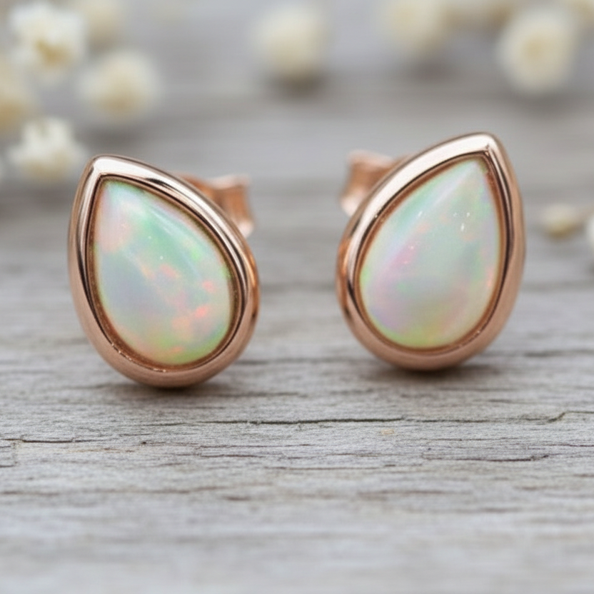 Teardrop-shaped opal earrings with rose gold setting on a wooden surface with blurred flowers in the background.