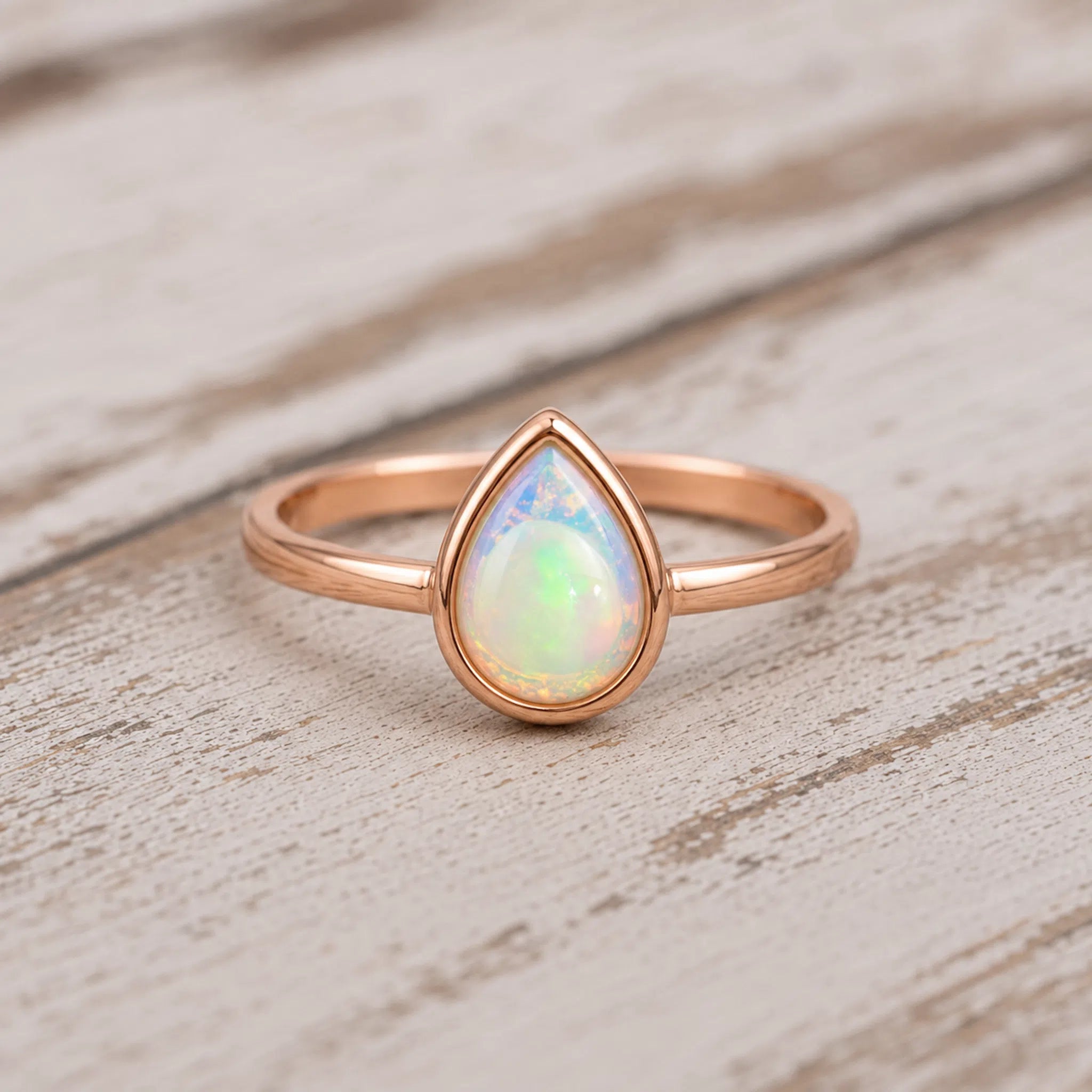 A rose gold ring featuring a teardrop-shaped iridescent opal gemstone, resting on a light, weathered wood surface.