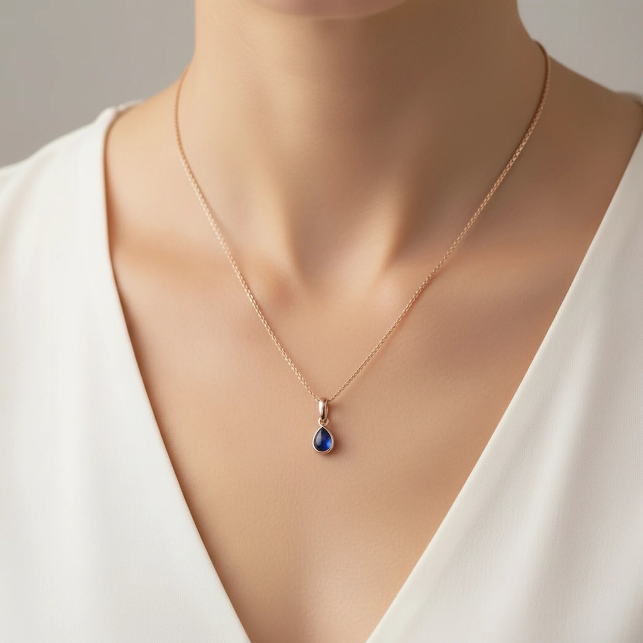 rose Gold necklace with a blue september birthstone sapphire pendant on a woman wearing a white top.