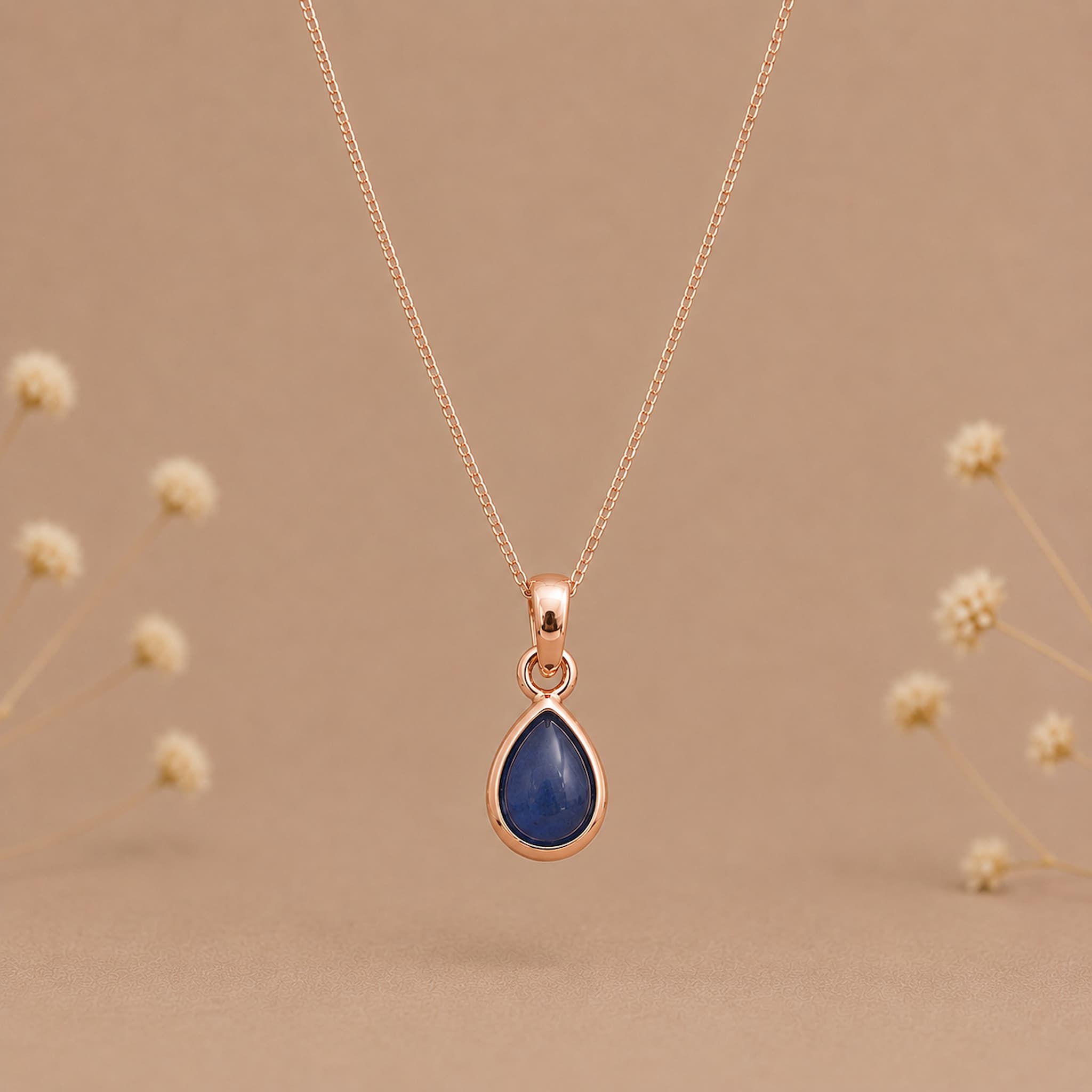 rose gold september birthstone natural sapphire teardrop pendant necklace hanging