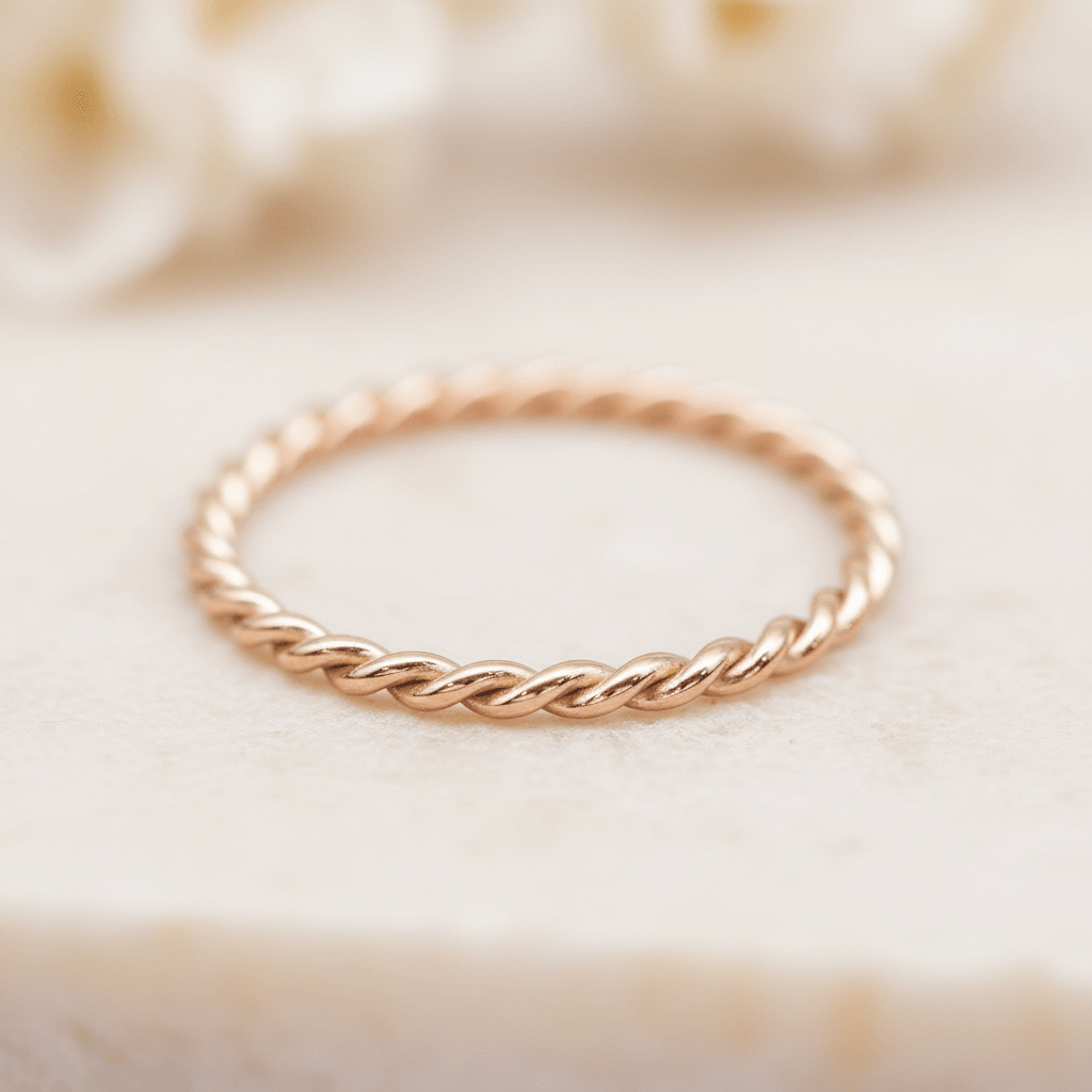 Rose gold twisted stacker ring on a soft beige background