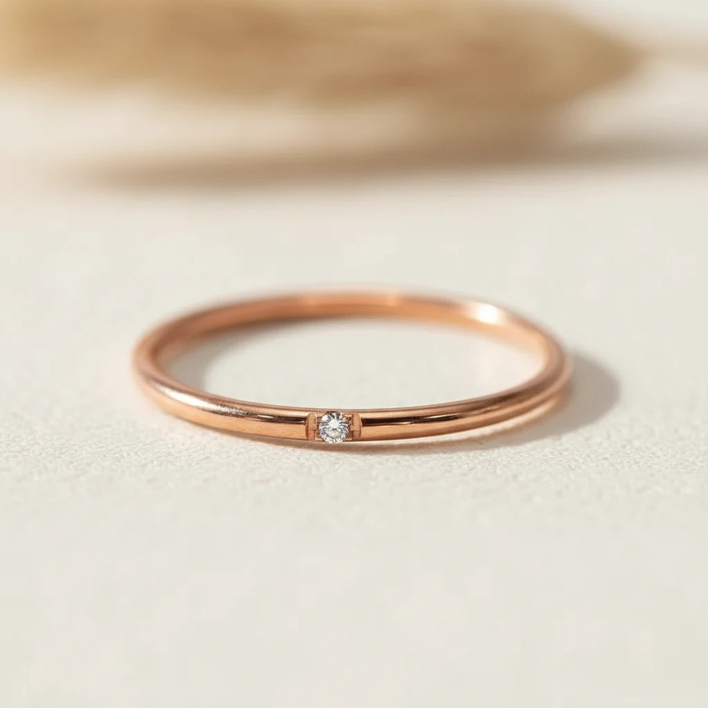 minimalist waterproof rose gold stacker ring with dainty cubic zirconia