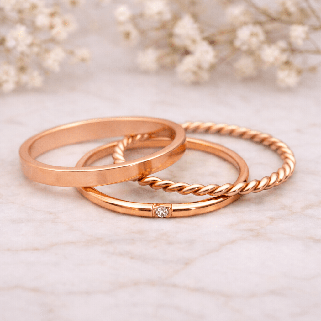 Three rose gold rings on a marble surface with blurred flowers in the background