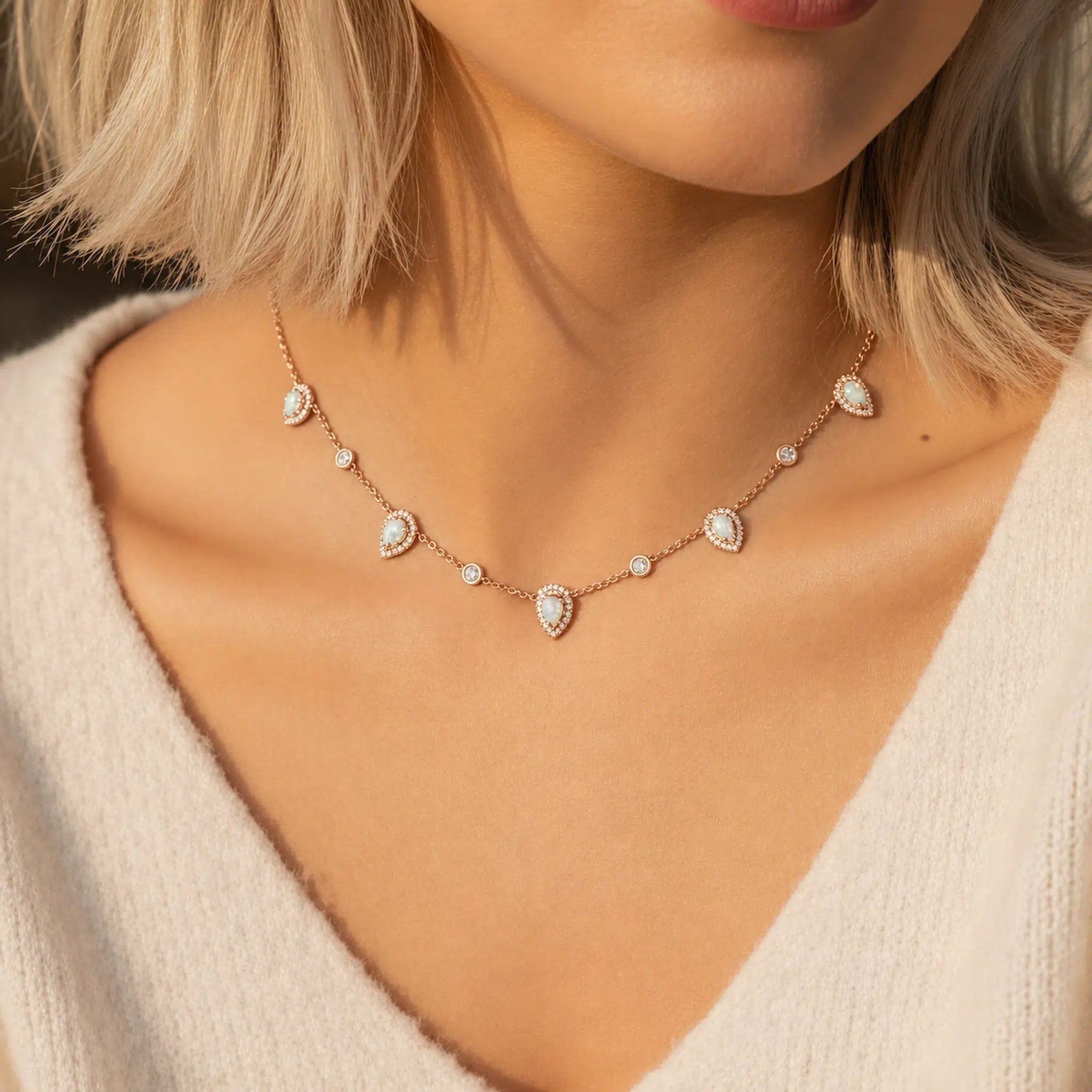 model wearing a rose gold necklace with czs and white opals