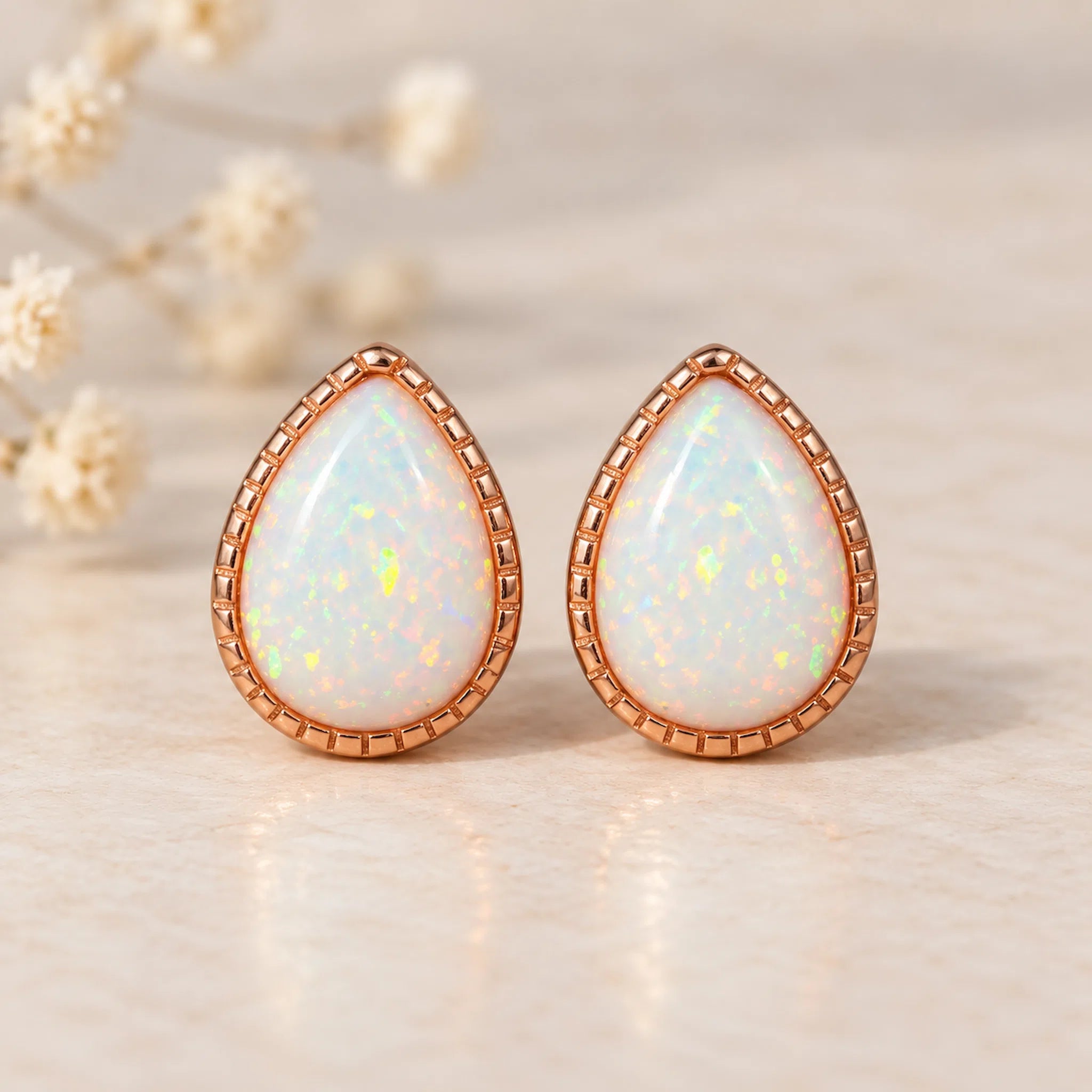 rose gold tear drop white opal earrings