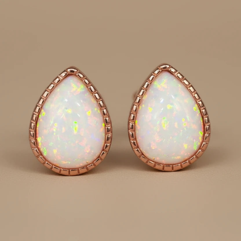 rose gold tear drop white opal stud earrings by indie and harper australia