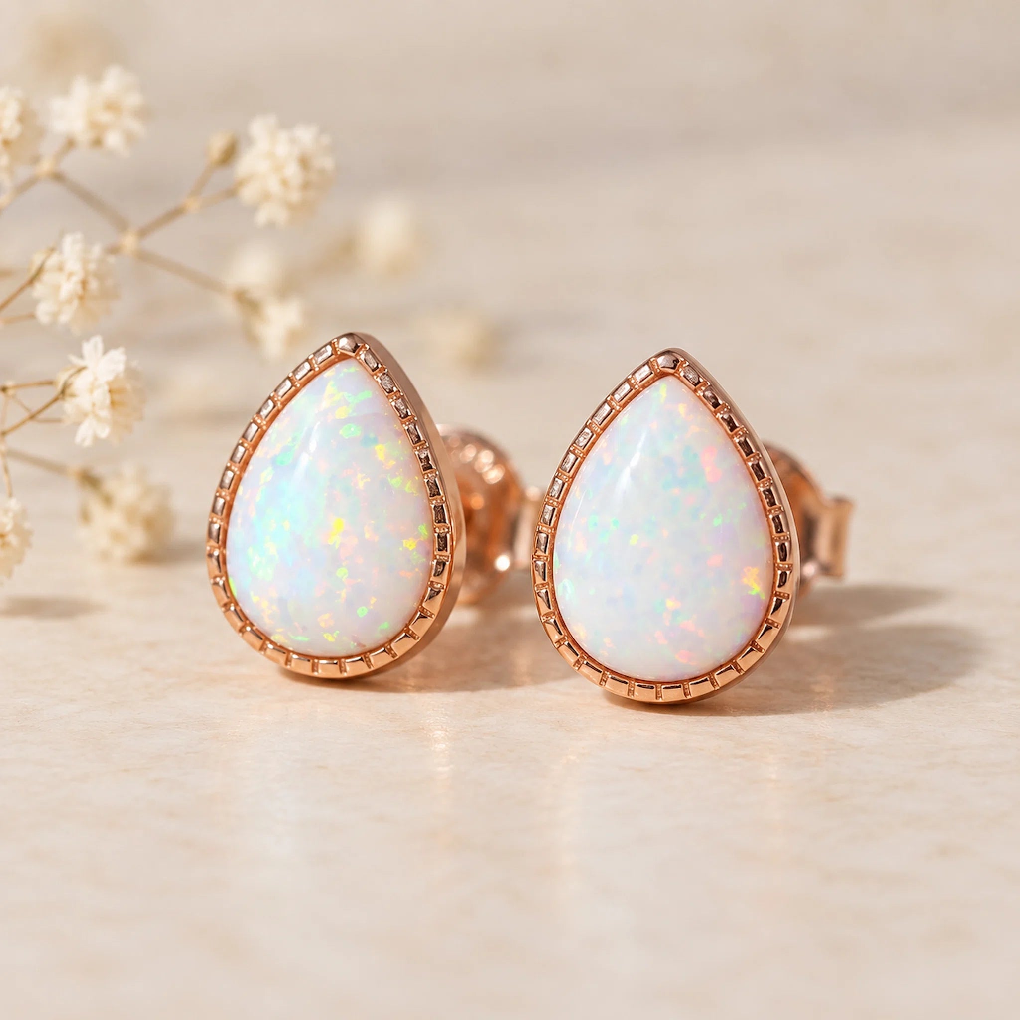 rose gold tear drop white opal earrings