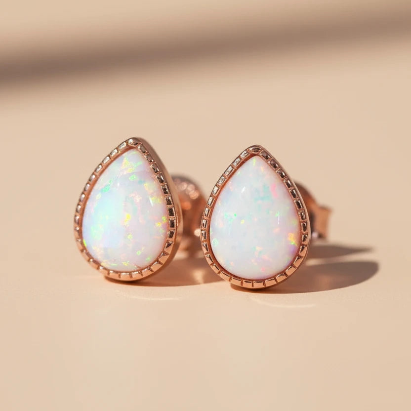 rose gold tear drop white opal stud earrings by indie and harper australi