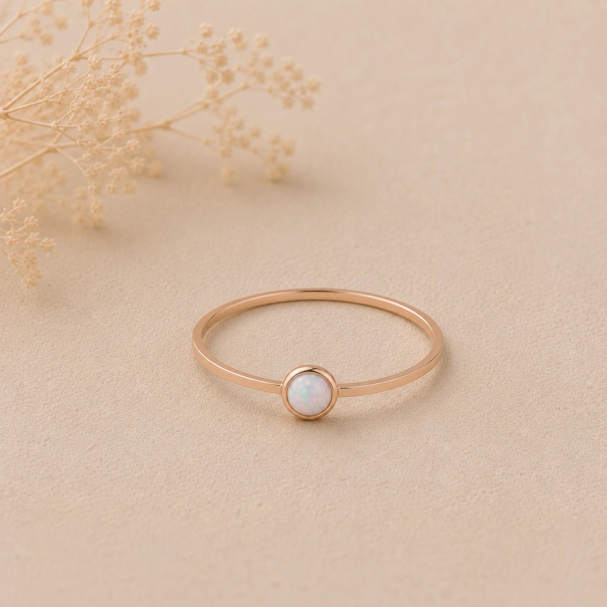 Minimalist thin Rose gold stacker ring with a bezel set round lab-created white opal stone on a beige background