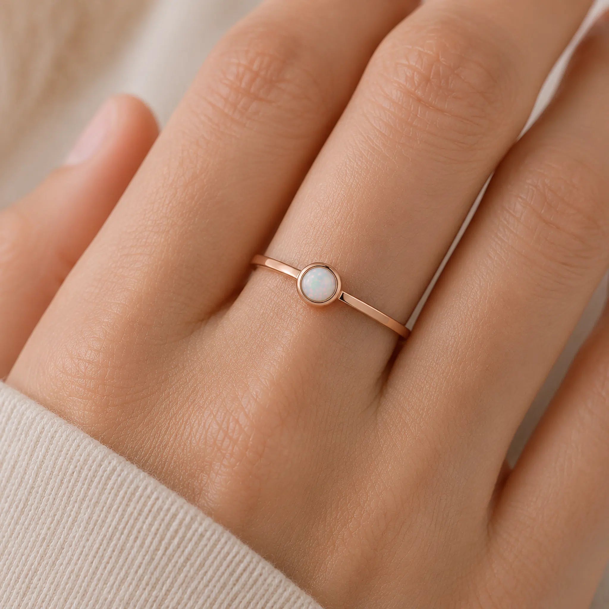 Womans hand wearing a minimalist thin Rose gold ring with a bezel set lab-create white opal stone against a neutral background