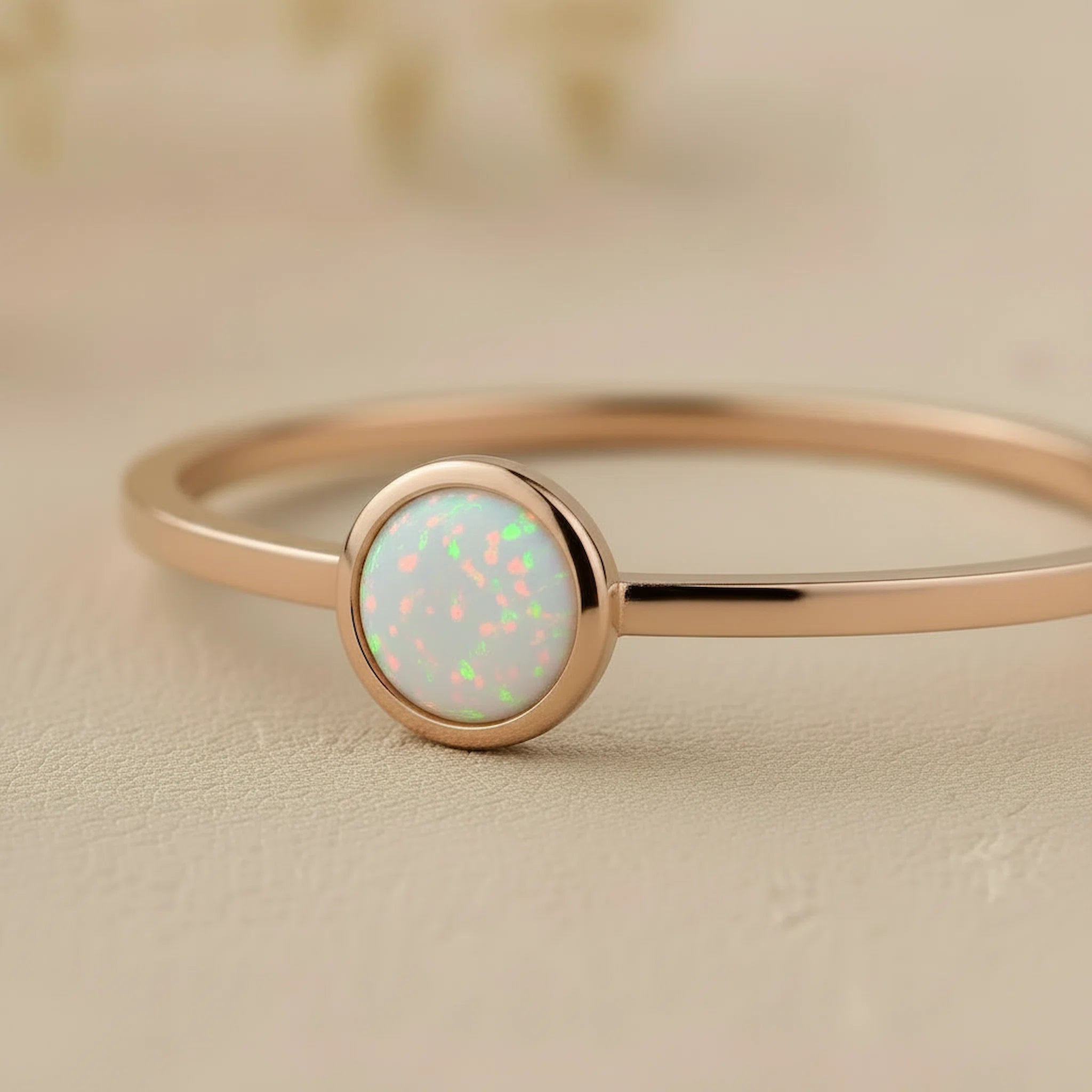 Rose gold ring with a round opal stone on a beige background