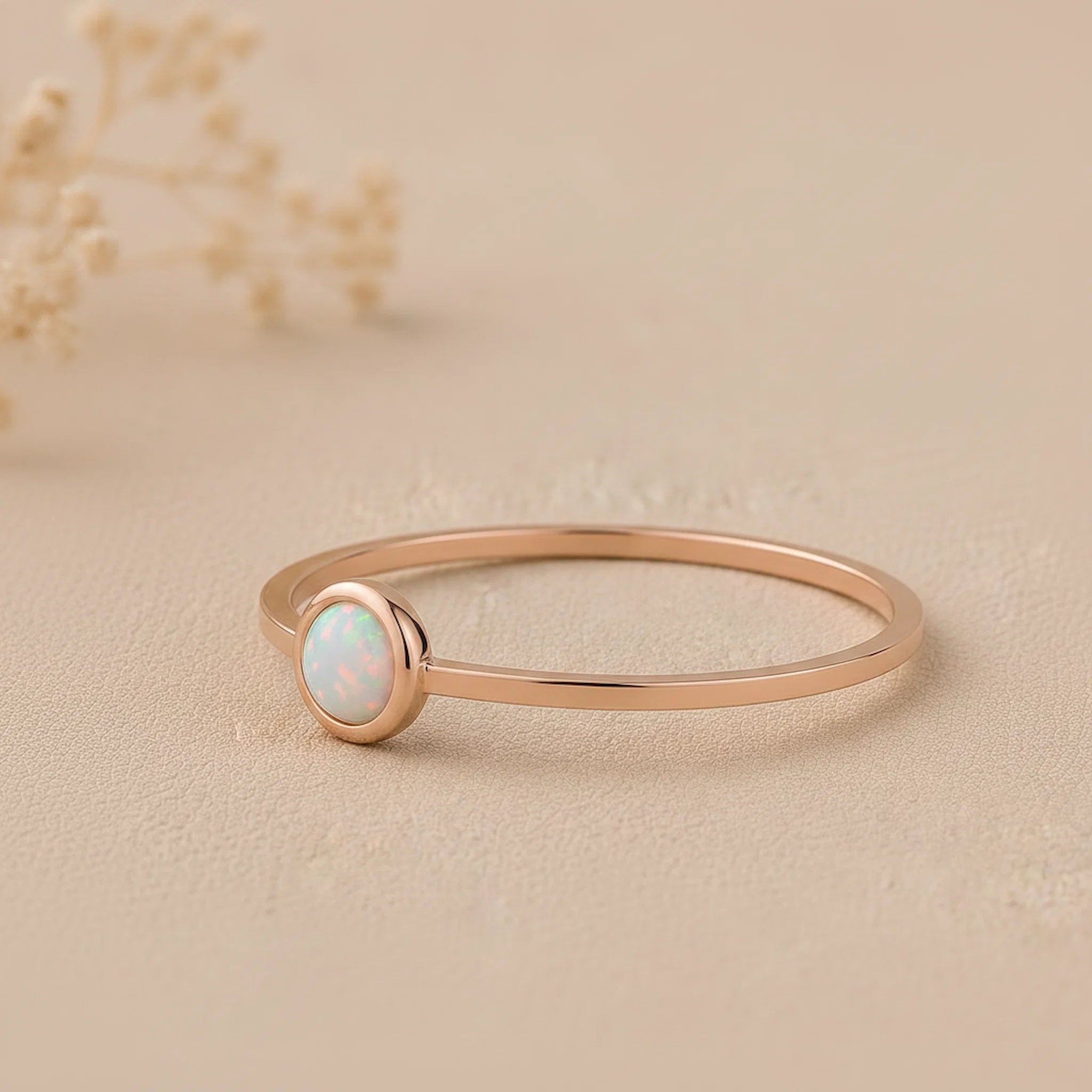 side view of a Minimalist Rose Gold Stacker Ring with a dainty round lab created white opal stone on a beige background