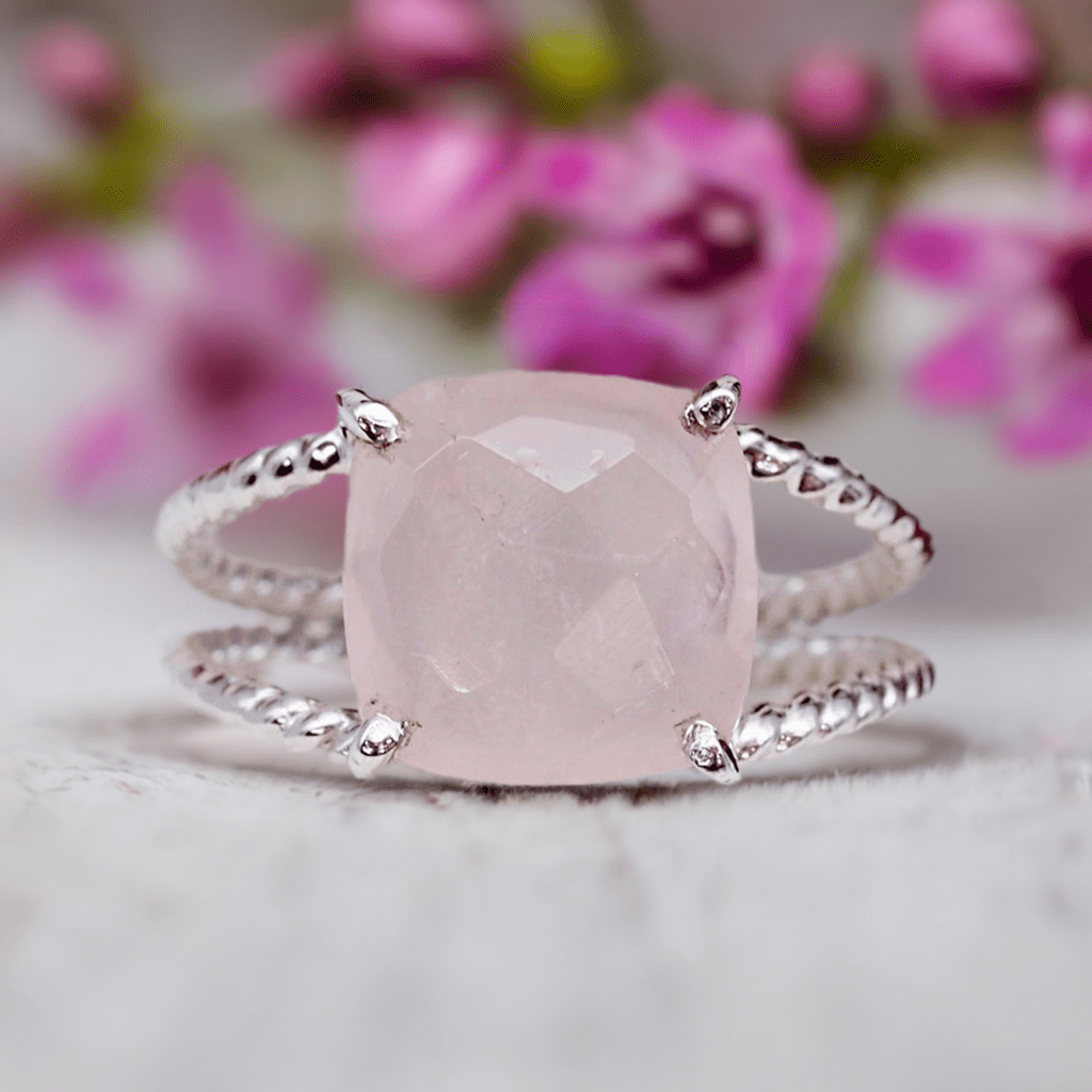 sterling silver double band ring with claw set, faceted natural rose quartz gemstone