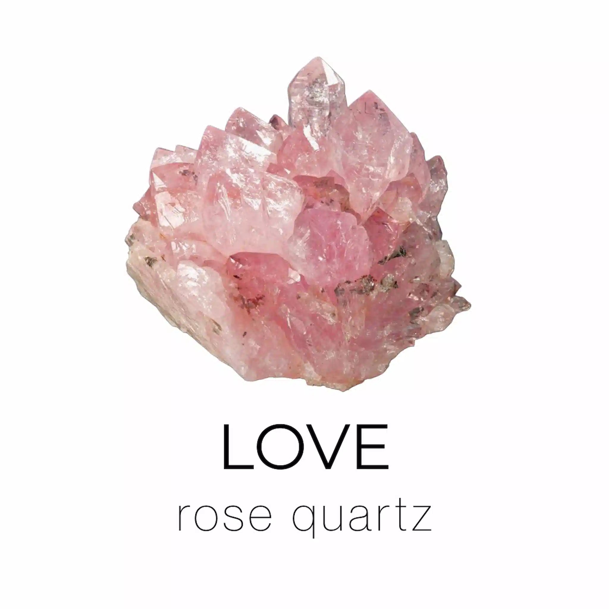 Rose quartz crystal with the word 'LOVE' on a white background