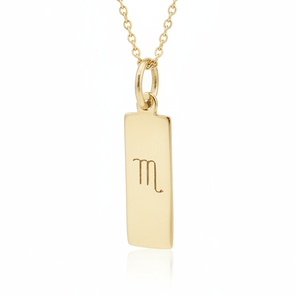 Scorpio Zodiac Necklace in Gold plated Sterling Silver hanging in front of a white wall surface