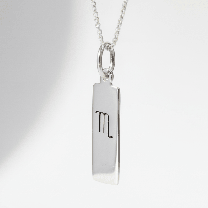 Scorpio Zodiac Necklace in Sterling Silver hanging against a white backgrouned
