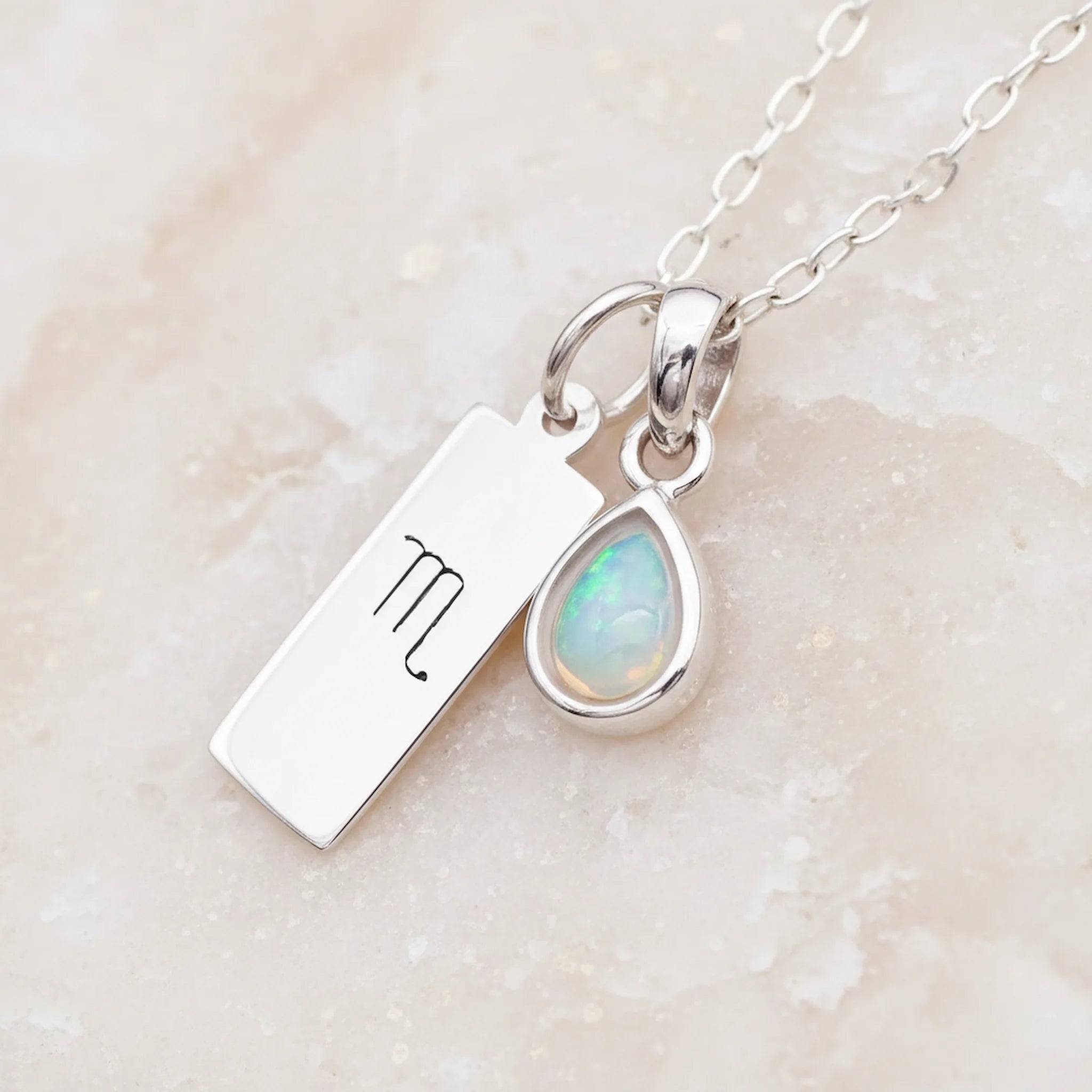 Sterling Silver Scorpio Zodiac Necklace with October Birthstone natural opal pendant