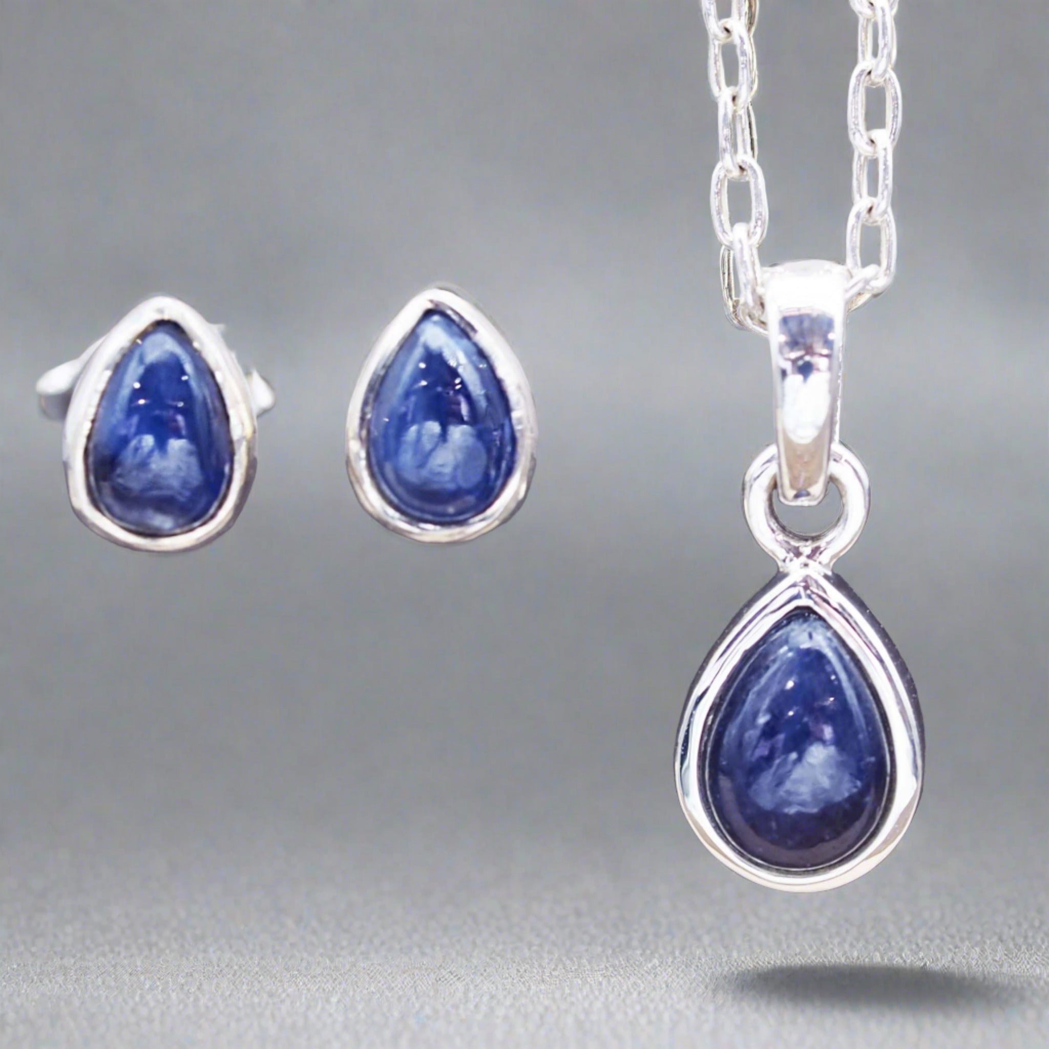 silver September Birthstone sapphire earrings and sapphire necklace by indie and harper australia