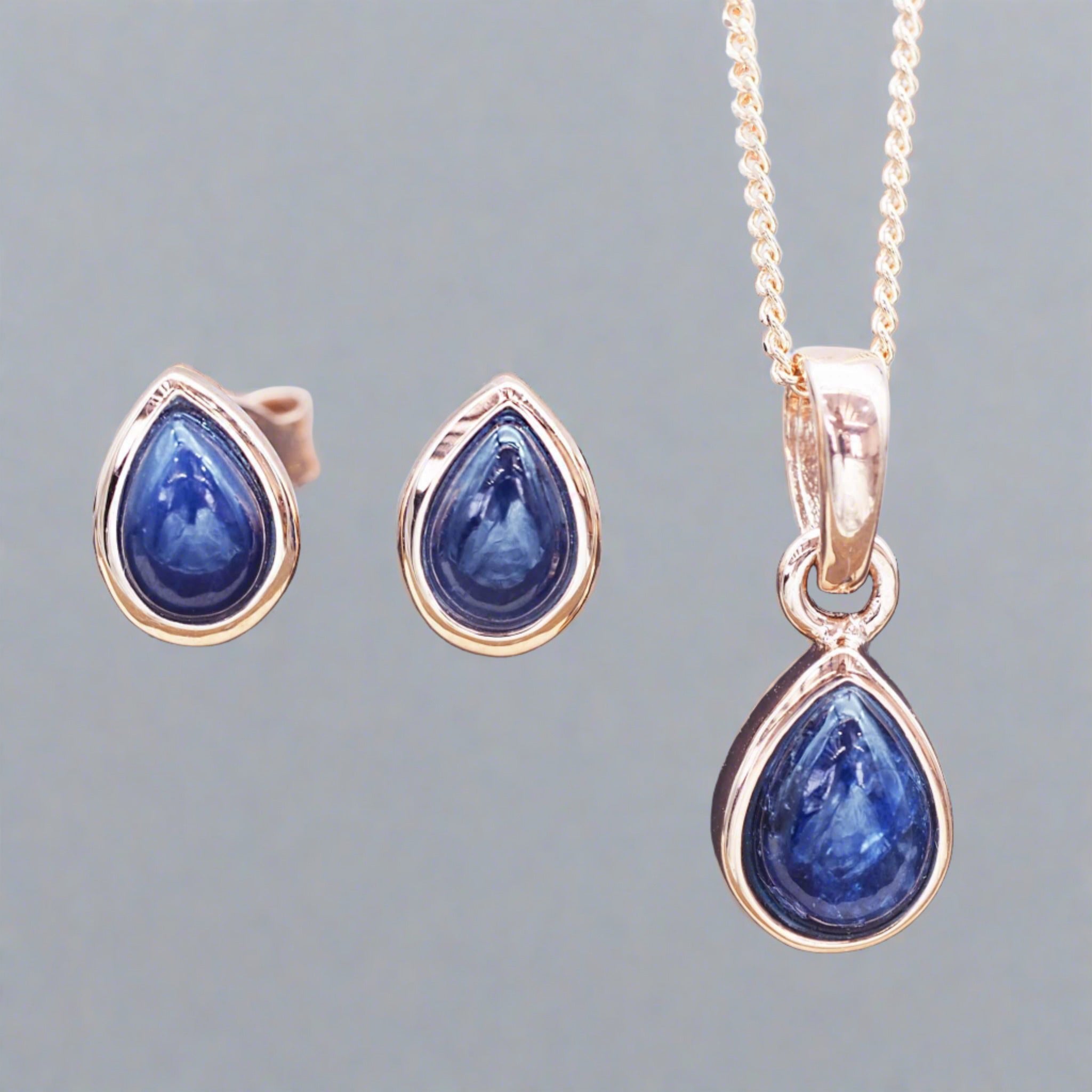 rose gold September Birthstone sapphire earrings and necklace by indie and harper australia