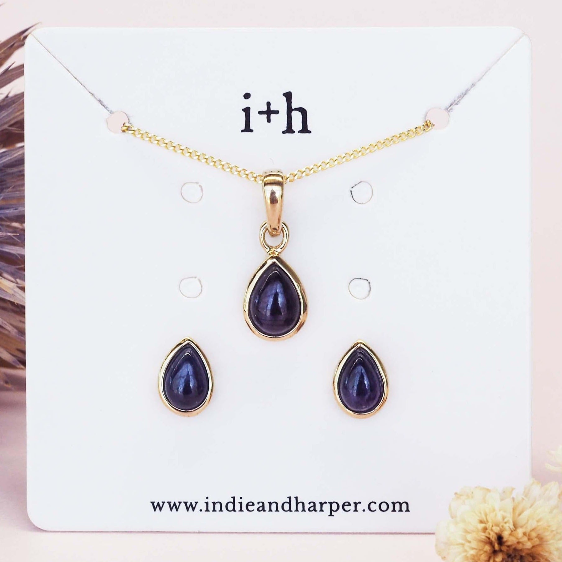 gold September Birthstone sapphire earrings and necklace by indie and harper australia