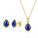 Gold September Birthstone Jewellery set featuring a teardrop-shaped blue natural sapphire stone pendant necklace on a fine gold chain and matching stud sapphire earrings on a clean white background.