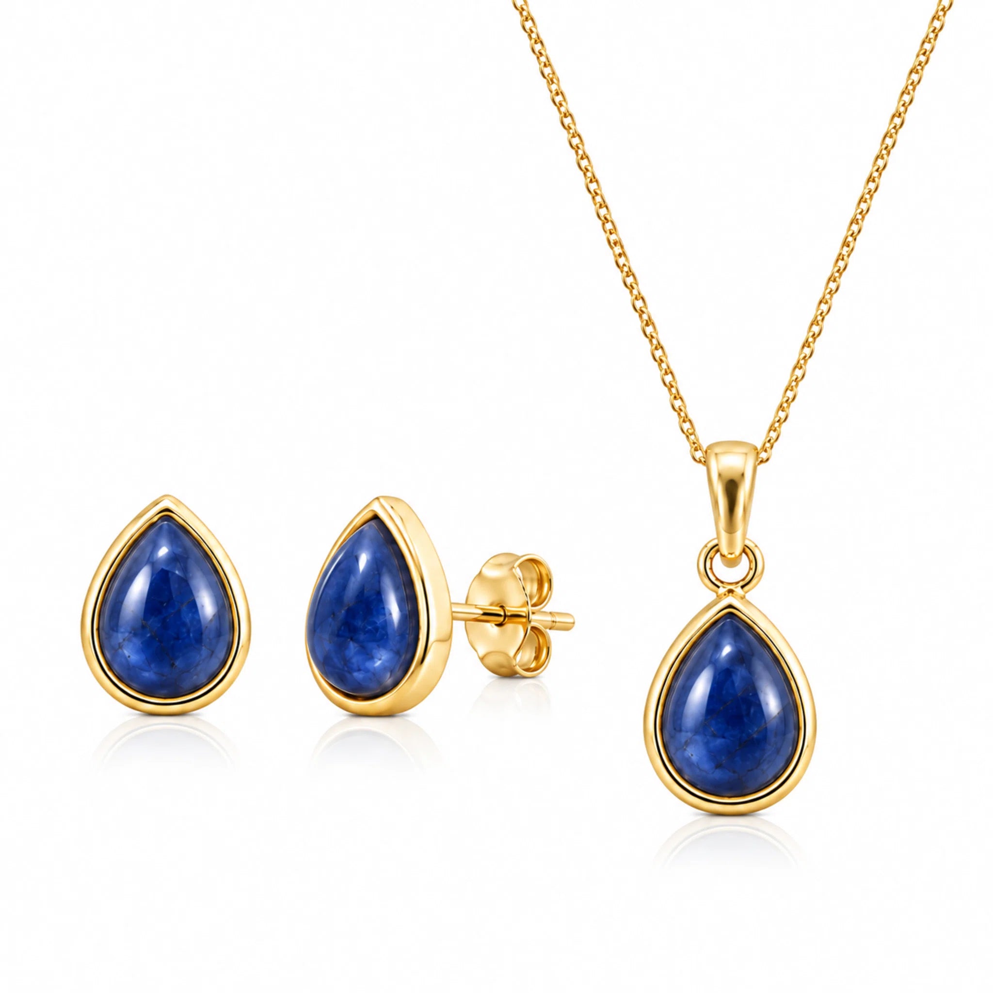 Gold September Birthstone Jewellery set featuring a teardrop-shaped blue natural sapphire stone pendant necklace on a fine gold chain and matching stud sapphire earrings on a clean white background.