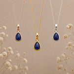 three september birthstone natural sapphire teardrop pendant necklaces in rose gold, gold and silver