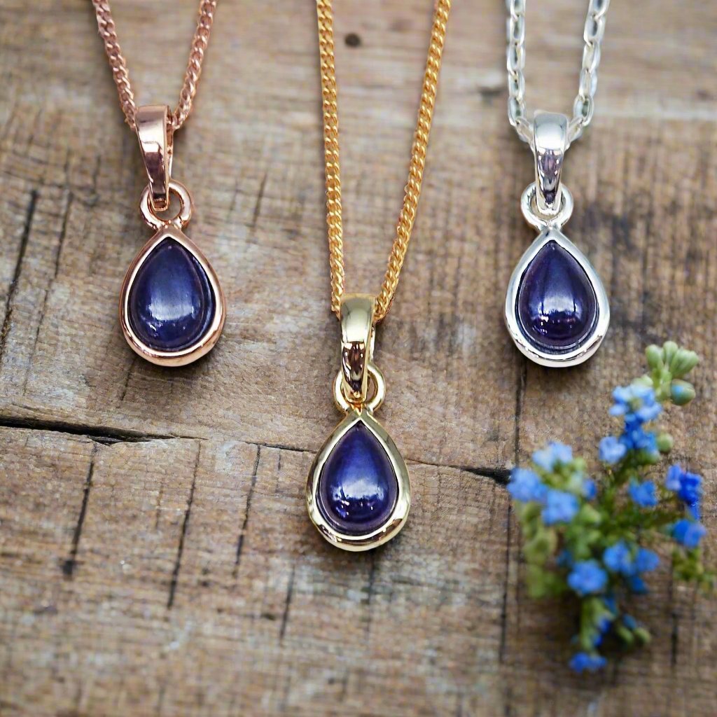 indie and harper September birthstone sapphire necklaces in rose gold, gold and silver
