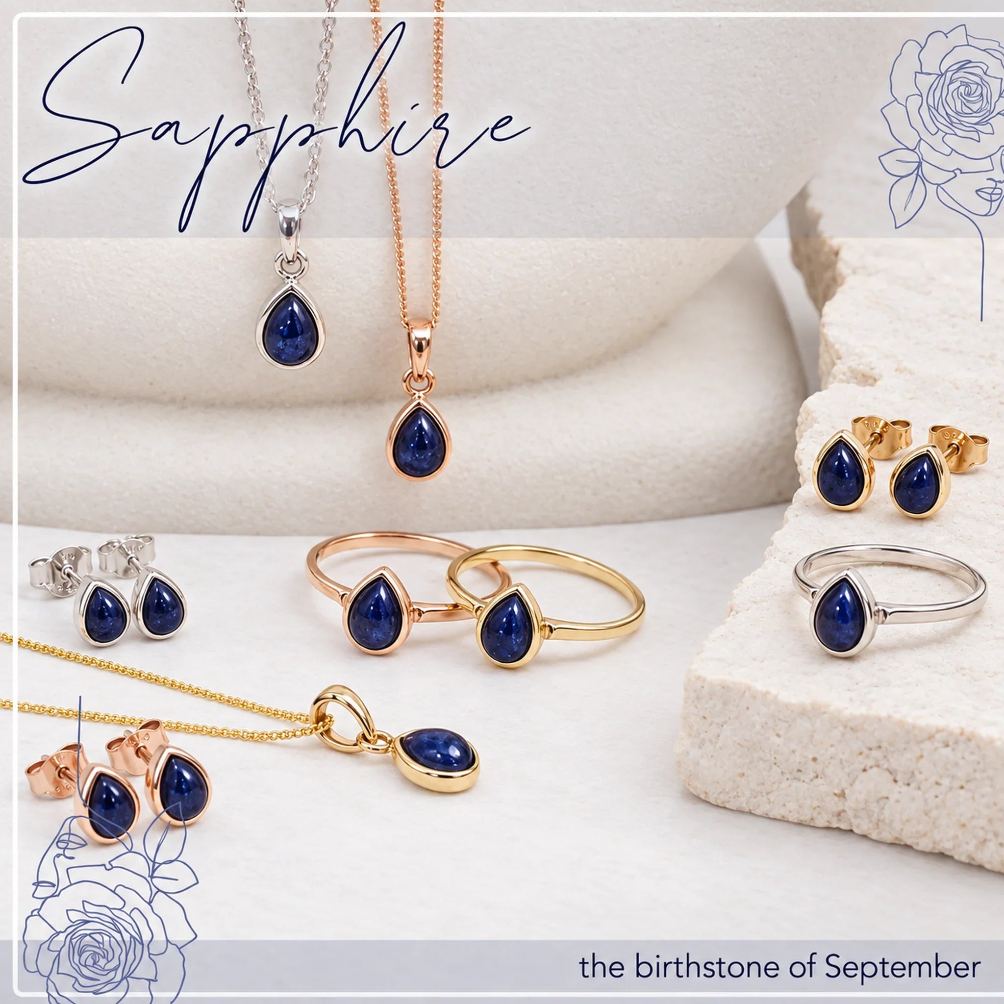 September natural sapphire jewellery in silver, gold and rose gold