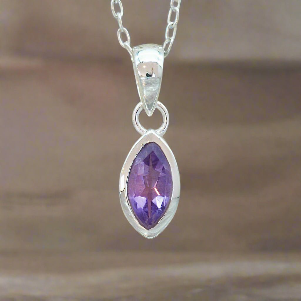 sterling silver natural amethyst gemstone necklace with a faceted marquise shaped amethyst for modern boho everyday look