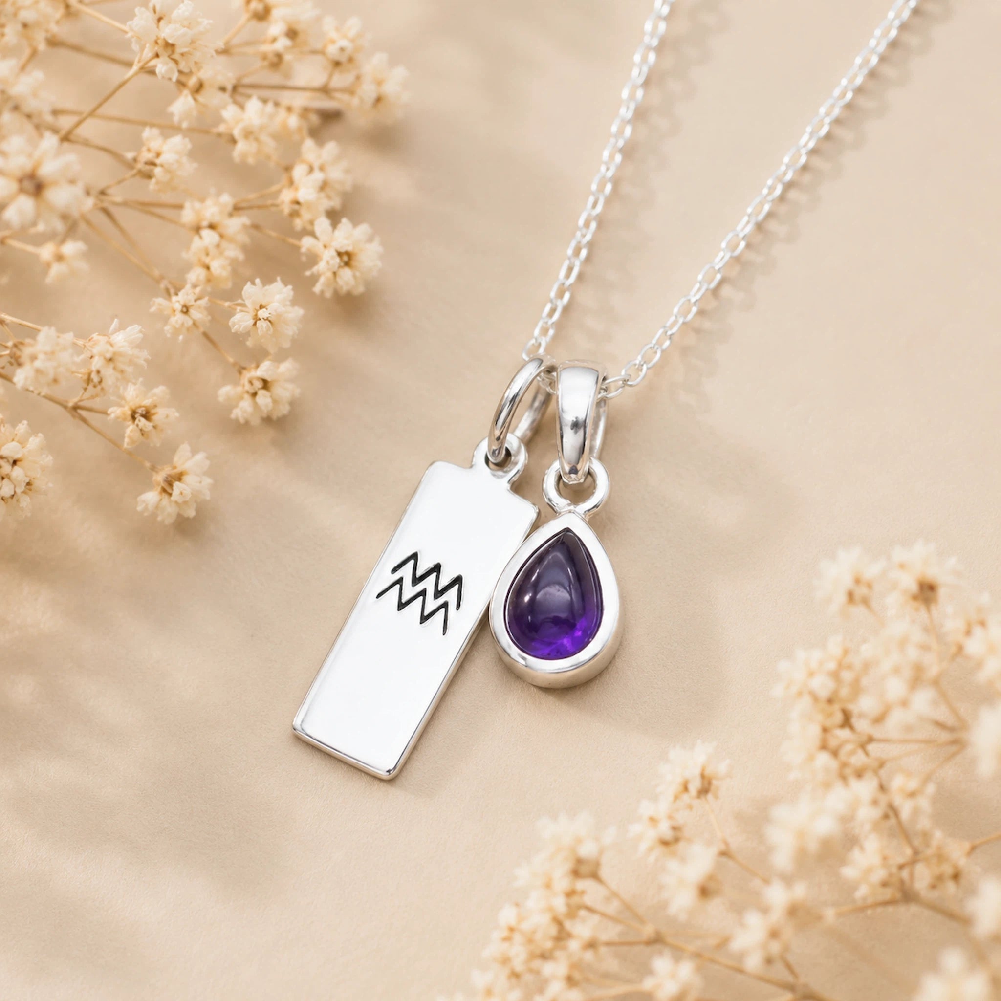 Sterling Silver necklace with a teardrop february birthstone natural amethyst pendant and engraved aquarius glyph tag on a beige background with dried flowers.