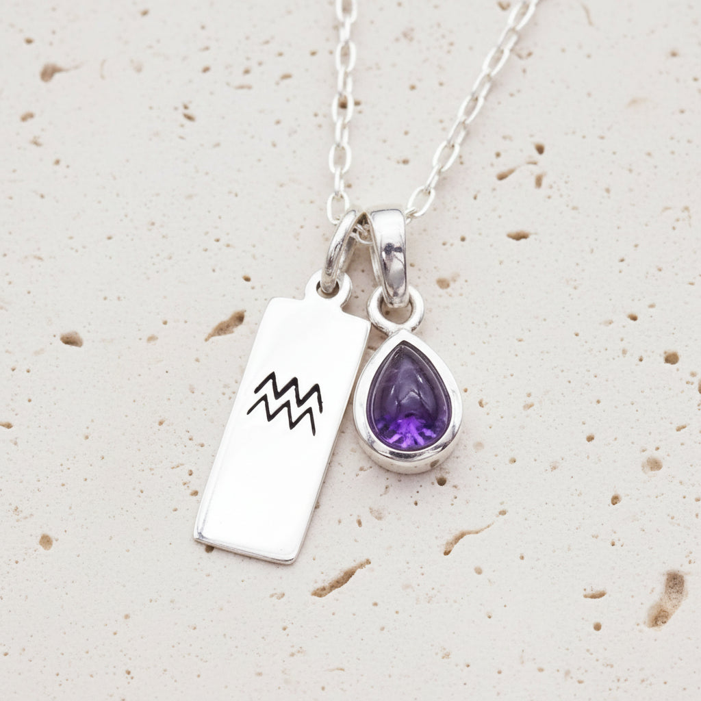 Sterling Silver Aquarius and february Birthstone Amethyst Necklace by indie and harper australia