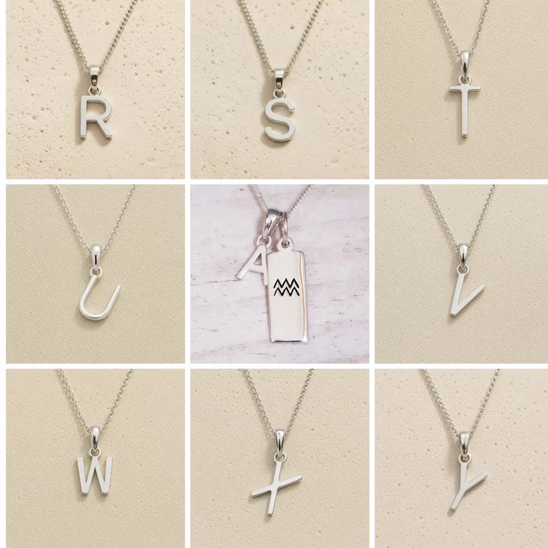 Collection of silver necklaces with various designs on a beige background