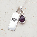 Sterling Silver January Birthstone Necklace with a pear-shaped natural Garnet gemstone pendant and Aquarius Zodiac pendant