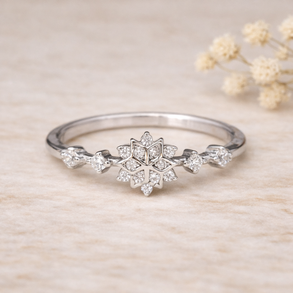 sterling Silver ring with snowflake design with cubic zirconias on a beige background