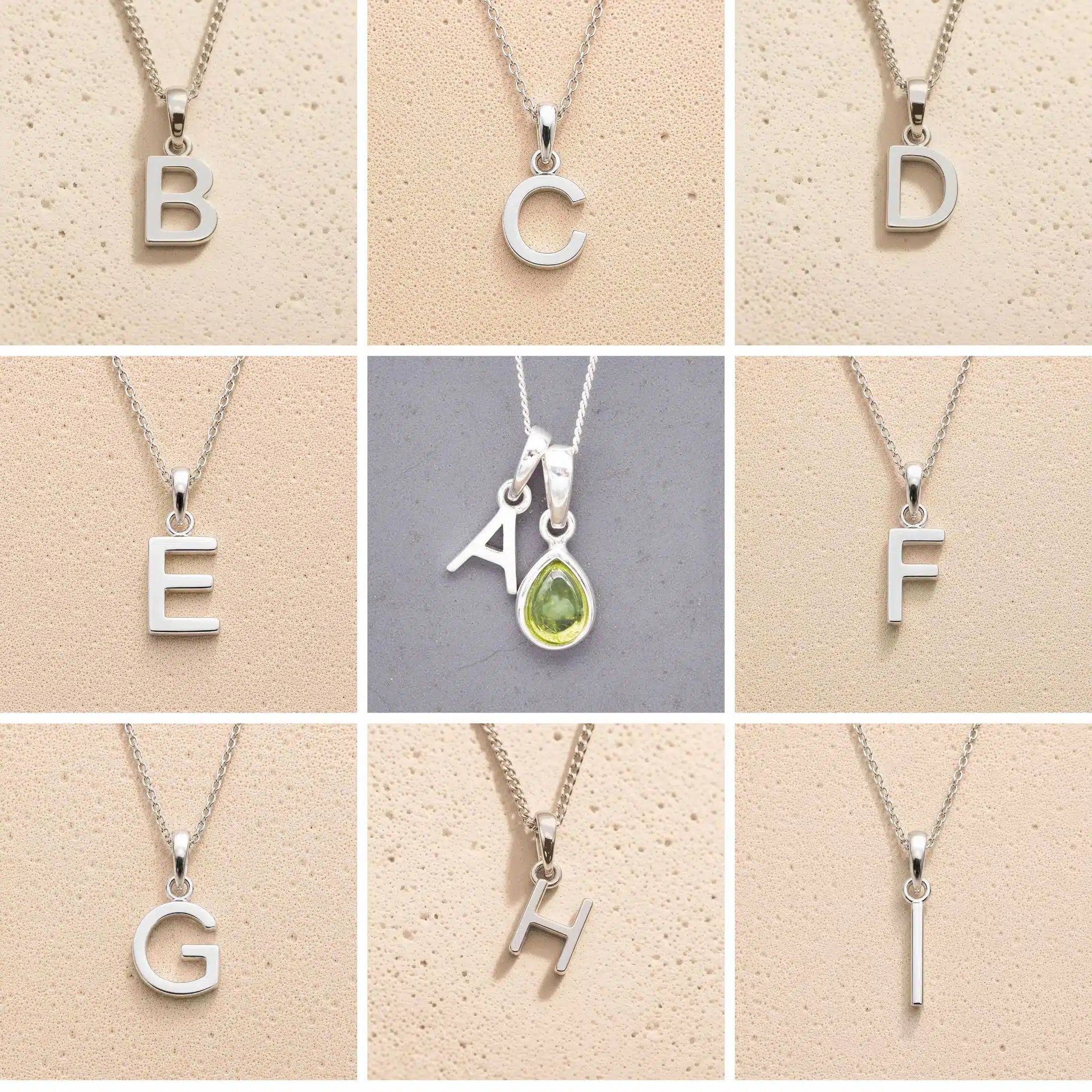 Collection of silver letter necklaces A to I on a beige background, as initial options to customise August Birthstone Peridot Necklace.