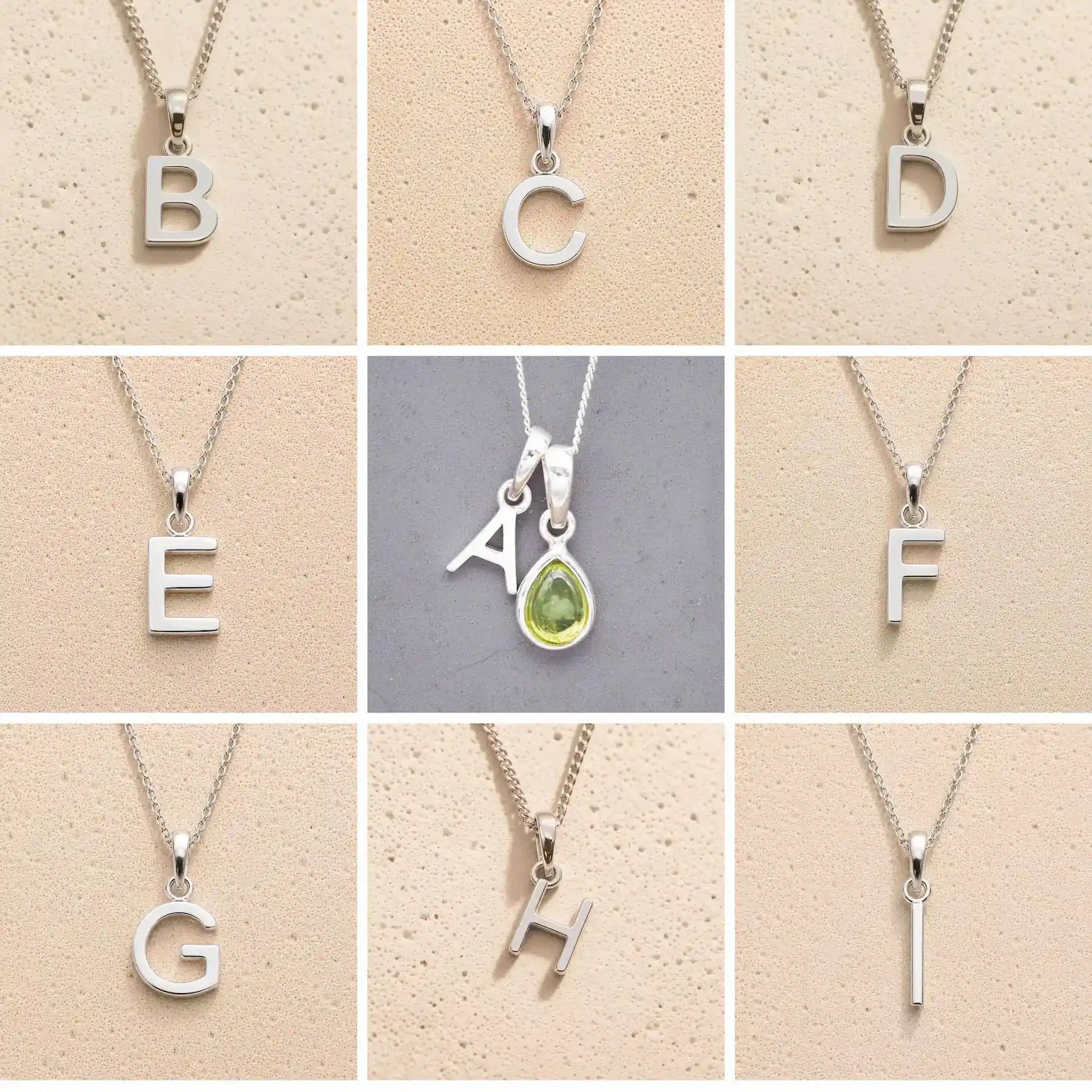 Collection of silver letter necklaces A to I on a beige background, as initial options to customise August Birthstone Peridot Necklace.