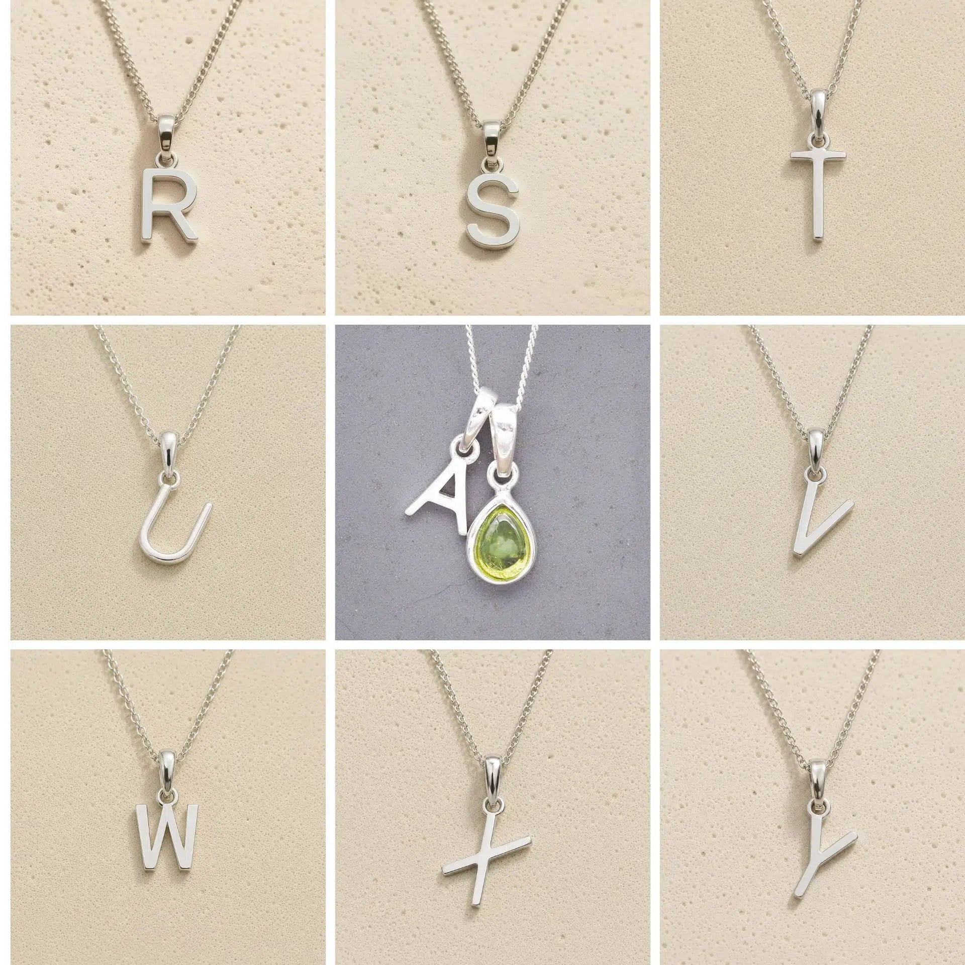 Collection of silver letter necklaces R to Y on a beige background, as initial options to customise August Birthstone Peridot Necklace.