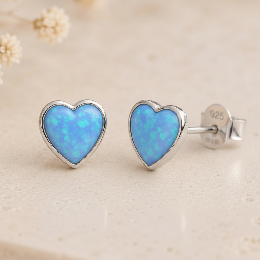 Sterling silver blue opal heart stud earrings