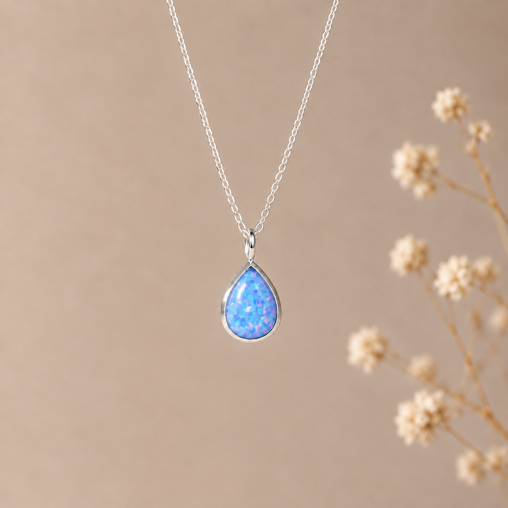 sterling silver blue opal teardrop necklace