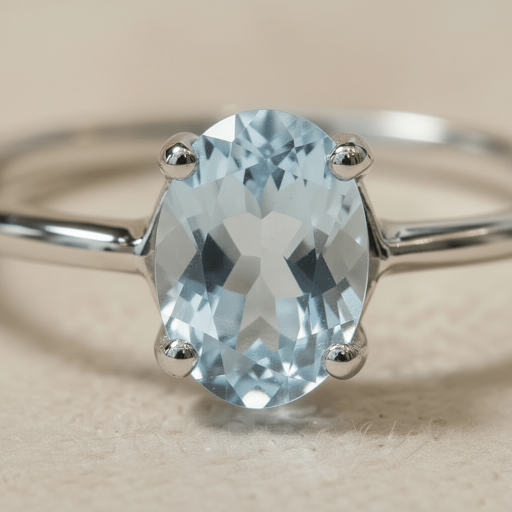 Silver ring with a light blue topaz gemstone on a beige background