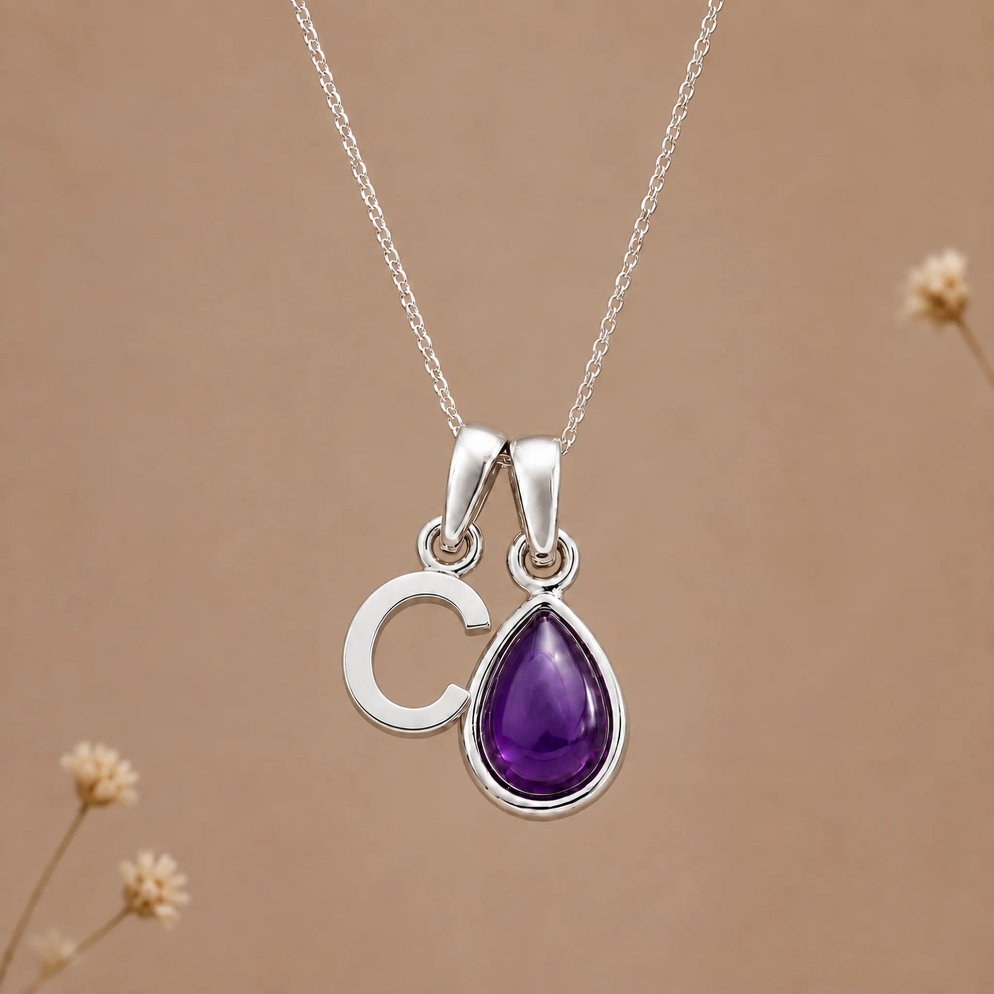 Sterling silver initial C necklace with a February amethyst pendant