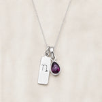 Sterling Silver necklace with a teardrop-shaped january birthstone natural garnet gemstone pendant and a rectangle pendant with capricorn line glyph on a light background