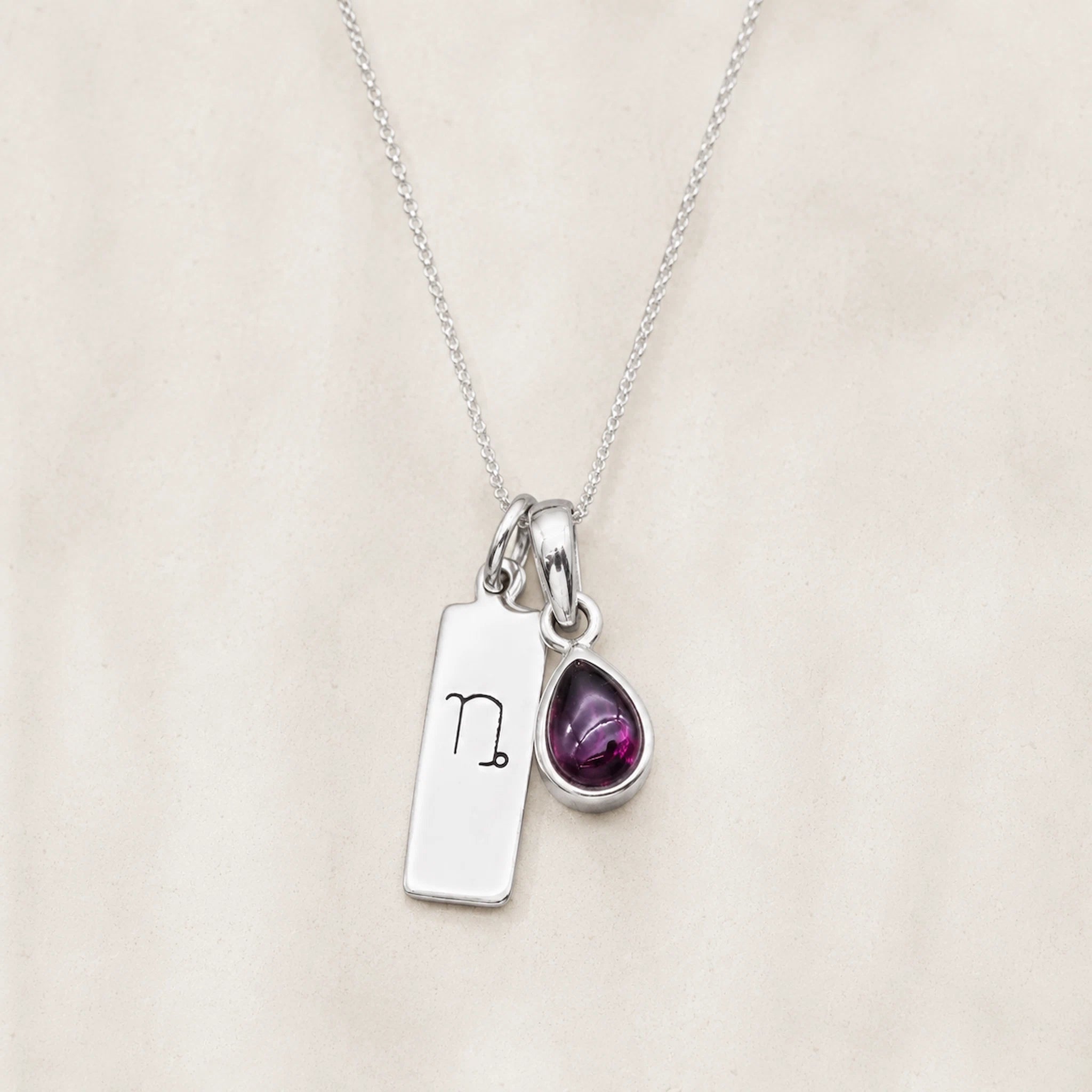 Sterling Silver necklace with a teardrop-shaped january birthstone natural garnet gemstone pendant and a rectangle pendant with capricorn line glyph on a light background