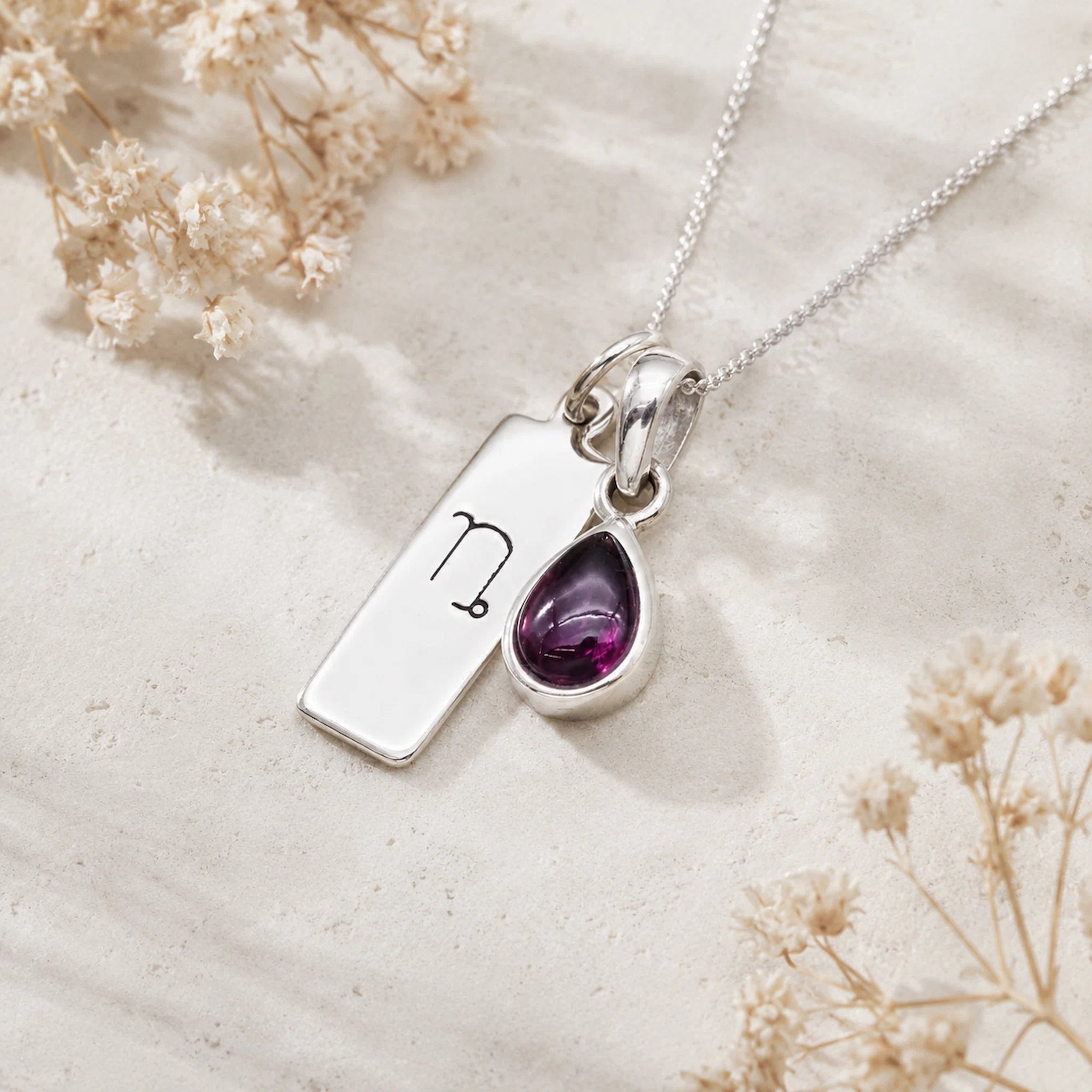 Sterling Silver necklace with a teardrop-shaped january birthstone natural garnet gemstone pendant and a rectangle pendant with capricorn line glyph on a light background