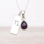 Silver necklace with a teardrop-shaped garnet gemstone pendant and a rectangular tag with a Capricorn zodiac symbol on a white background.