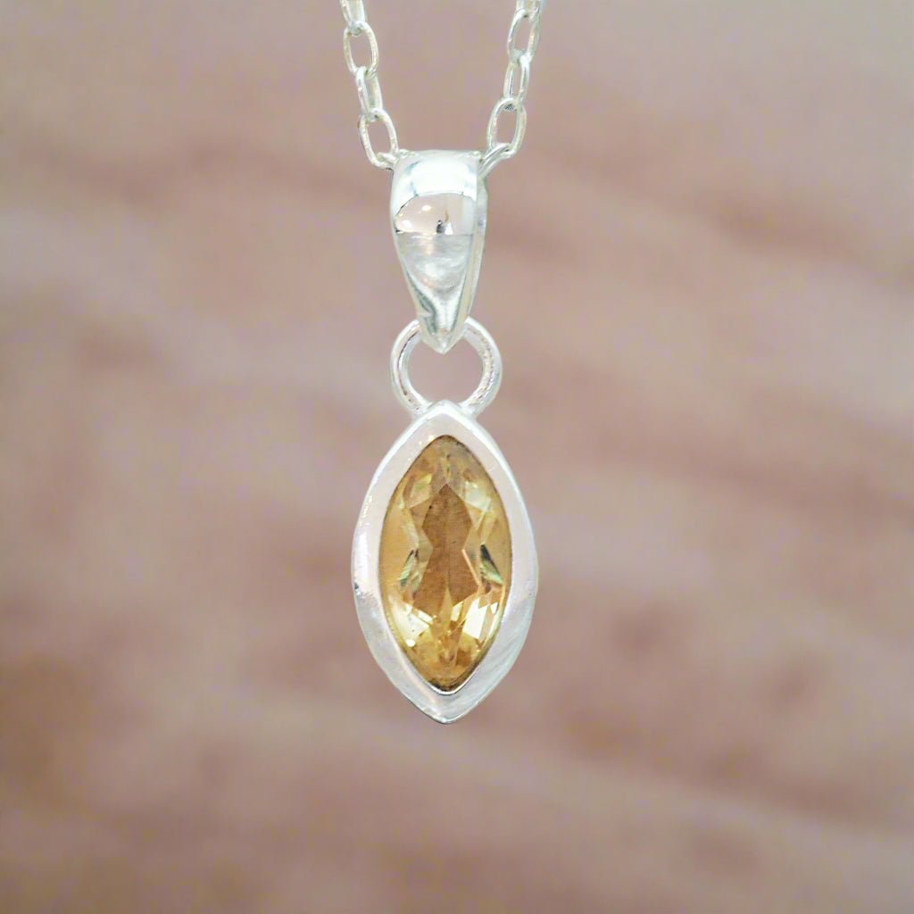 sterling silver natural citrine gemstone necklace - bohemian minimalist faceted marquise shaped design
