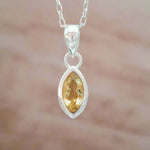 sterling silver natural citrine gemstone necklace - bohemian minimalist faceted marquise shaped design